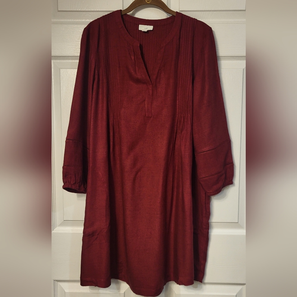 J Jill Women's Red Pintuck V-Neck Tunic Dress With Pockets Sz M Petite Lagenlook